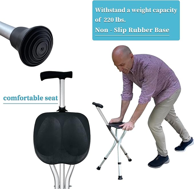 Portable Adjustable Folding Walking Cane with Seat Allows Durability While Walking and Convenience for Sitting, Alloy Crutch Chair, Anti-Slip Lightweight Walking Stick for Seniors