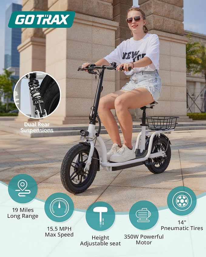 Gotrax Adult Electric Scooter with Seat, Max 19-25miles Range, 15.5-20mph Power by 350W-500W Motor, All-Terrain Tire & Wider Deck & Soft Cushioning Seat with Carry Basket