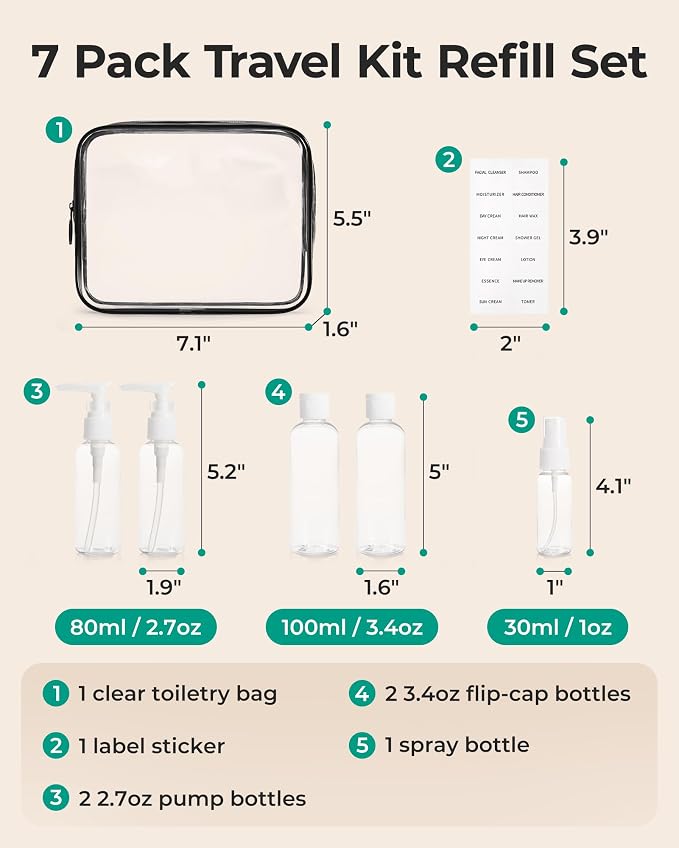 BAGSMART Clear Toiletry Bag with Refillable Travel Bottles Set, Black | 7-Pack TSA Approved Travel Bag, Water Repellent Carry on Travel Accessories Bag, Airport Airline Quart Size Bags
