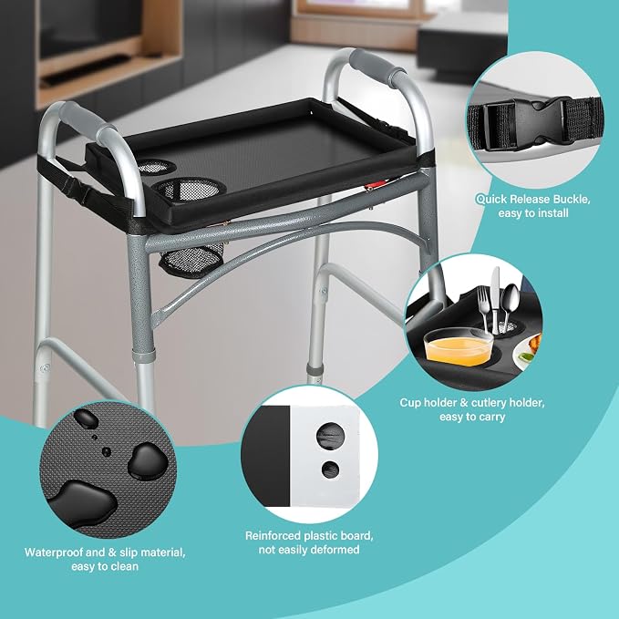 Walker Tray for Folding Walker, Trays for Walkers Detachable with Cup Holder,Walker Trays for Rolling Folding Walker,Walker Accessories for Elderly (Black Without Pockets with Baffles)