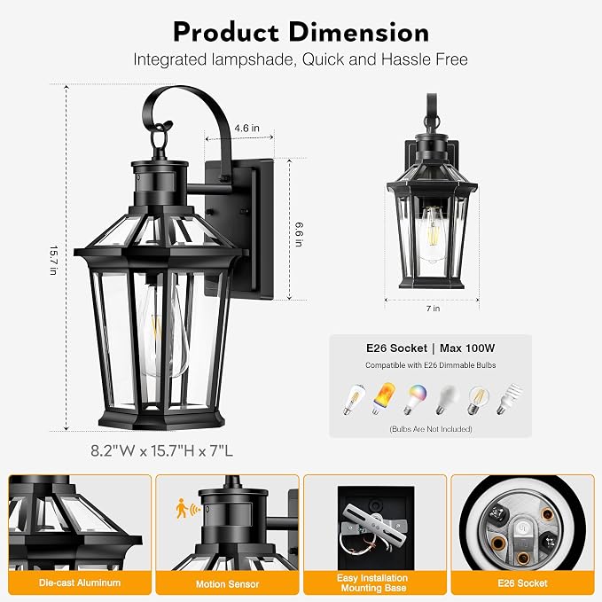 VIANIS Motion Sensor Outdoor Wall Lights, Dusk to Dawn Exterior Light Fixtures Wall Mount, Waterproof Modern Black Outside Front Porch Light, Anti-Rust Aluminum Outdoor Wall Sconce for House Garage