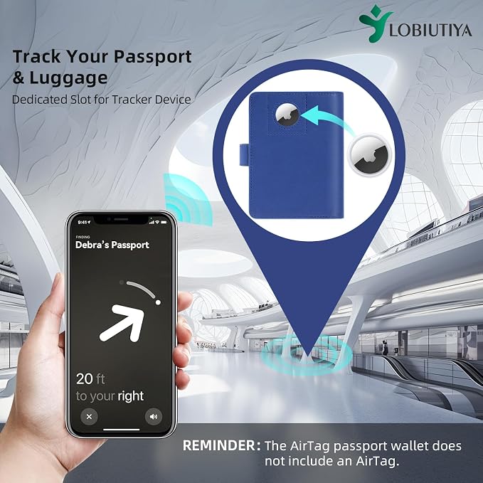 Passport Holder For Travel with Slot for AirTag & Luggage Tag Cover – RFID Blocking Travel Passport Wallet for Women/Men/Family | PU Leather Passport Case with Extra Money Pocket, Blue