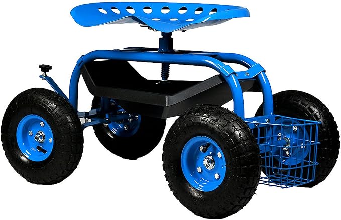 Sunnydaze Rolling Garden Cart with Seat, Blue | Garden Stool with Wheels, Adjustable 360-Degree Swivel Seat, Utility Tool Tray and Storage Basket
