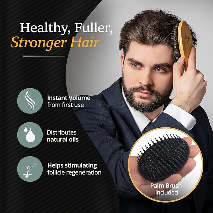 Belula Men's Hair Grooming Set, Boar Bristle and Nylon Pin Brush, Comb, Bag | Boar bristle brush, nylon pin brush, wooden comb, 2 palm brushes, travel bag, 5 piece set, massages scalp, boosts shine