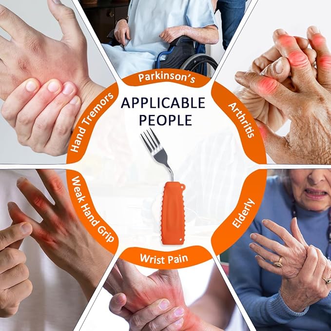 Adaptive Utensils,Weighted Utensils Angled Fork,for Tremors Parkinsons Limited or Weak Grasp Elderly,Lightweight Ergonomic Cutlery with Non-Slip Easy Grip Handles(Right Hand,Orange,Pack of 1)