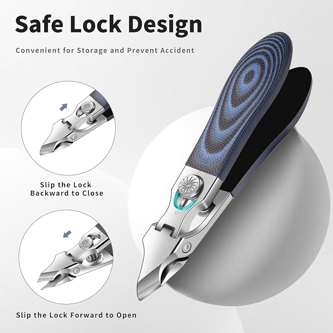 Safety Lock Cuticle Nippers for Home Manicure, G10 Handle Cuticle Trimmer for Pedicure Kit, Nail Care Tool for Seniors (Oval Blue D)