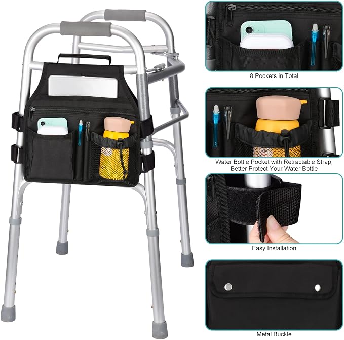 supregear Side Walker Bag, Walker Accessories Bag w/Cup Holder, Folding Walker Basket Waterproof Walker Organizer Caddy Pouch for Most Walker with Side Bar for Seniors, Elderly, Double Sided