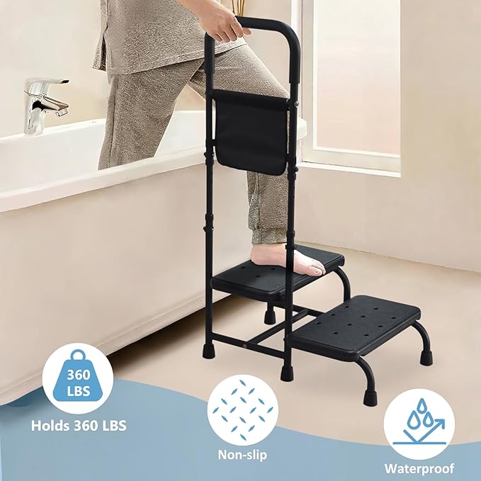 2 Step Stool with Handle for Elderly Adults, Portable Footstool Bed Steps for High Beds, Two Step Stools for Seniors with Adjustable Handrail Non-Skid Platform, Foot Stool for Kitchen Bathtub (Black)
