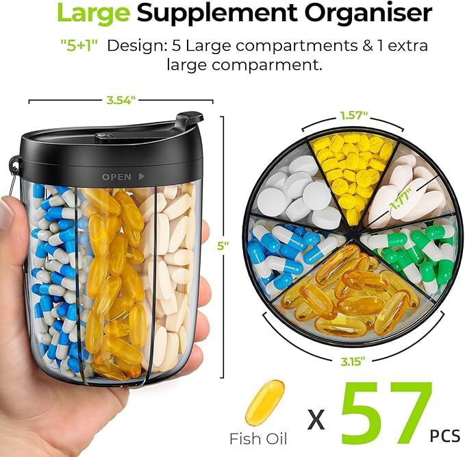 AUVON Large Pill Organizer, Pill Dispenser for Holding 6 Various Vitamins, Pill Box Case with Anti-Mixing & Wide Opening Design, Easy to Retrieve Meds, Includes 20 Pcs Stick-on Labels