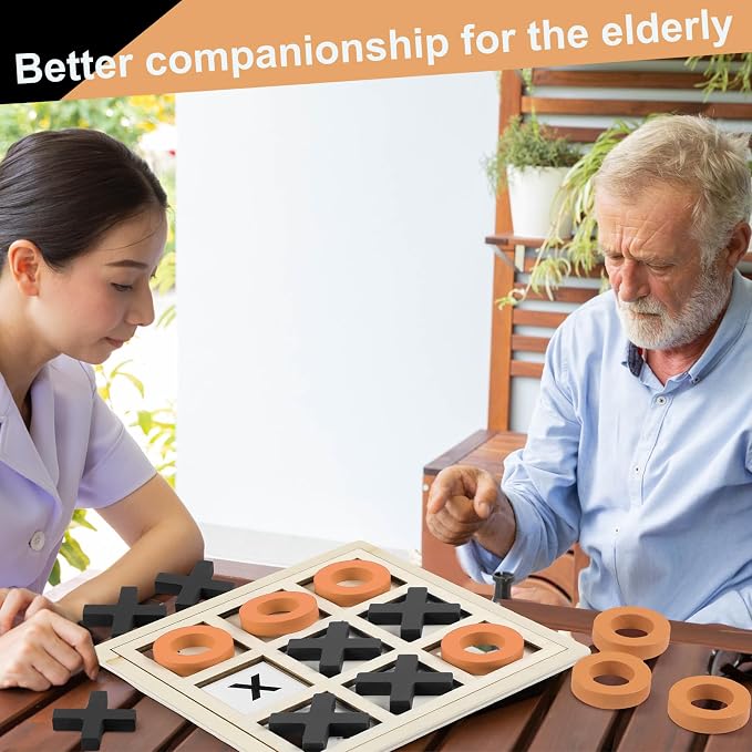 Seenelling Jumbo Wooden Tic Tac Toe Game Dementia Activities for Alzheimers Seniors with Matching and Puzzle Templates XO Chess Board Game for Elderly Engaging Table Decor (Black, Orange)