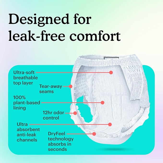 Because Adult Incontinence Underwear for Sensitive Skin - Women - Premium Overnight Disposable Briefs, Anti Odor - White, Large - Absorbs 6 Cups - 56 Count (4 Packs of 14)