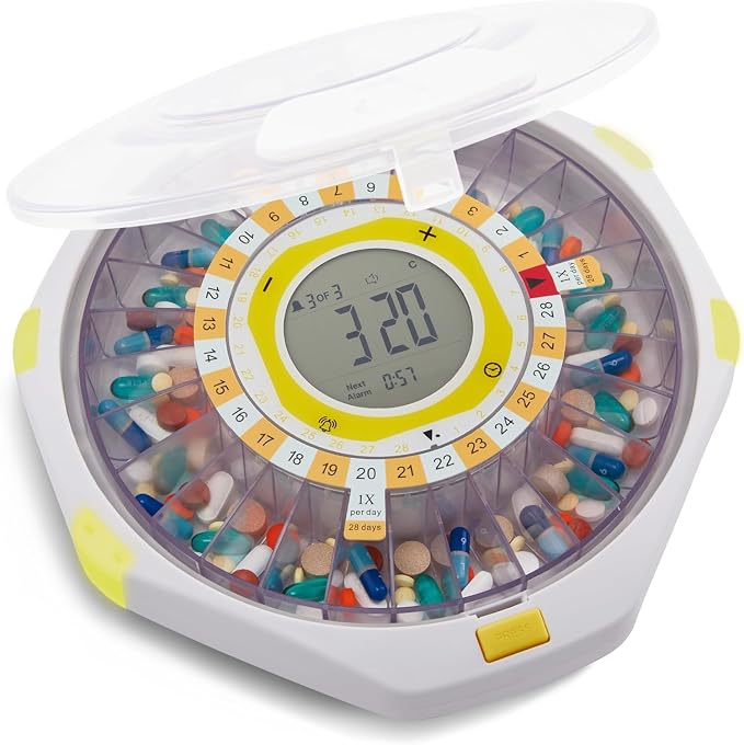 LiveFine Bluetooth Pill Dispenser, 9 Dosage Rings, 28-Day, Frosted Lid | Free app control with sound and light alerts, secure key lock, quick-press latch - trusted by seniors, arthritis sufferers.