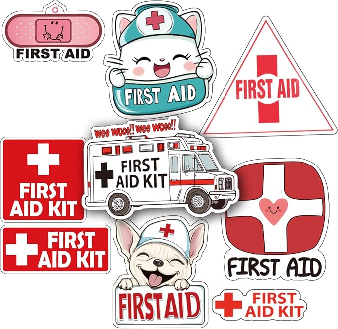 First Aid Sticker Decal Set | Self-Adhesive Vinyl Decals | 1st Aid Emergency Box Package | 9 Designs, 16 Pieces