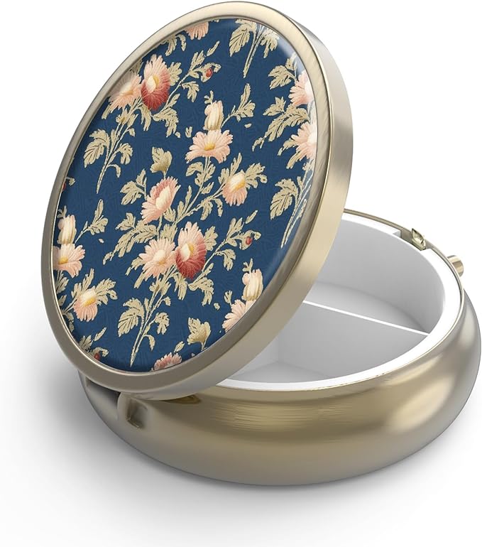 Pill Case Pill Box with Mirror Retro 3 Compartment Small Pill Case for Purse or Pocket Bronze Small Roud Pill Box or Vitamins, Fish Oil, Supplements, Pill Containe Travel Gifts（Retro Rose Floral）