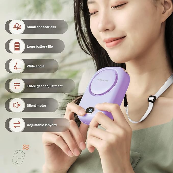 Portable Neck Fan, Mini Small Personal Handheld Fan USB Rechargeable 3 Speed for Girls Boys Woman Eyelash Travel Home Office Outdoor (purple)