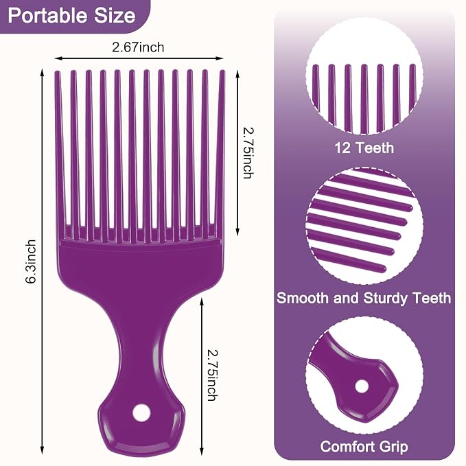 SIMPOR 2 Pcs Hair Pick Comb Wide Tooth Lift for Hair Styling Detangling, Plastic Afro Pick for Women Men, Fist Picks for Curly and Afro Hair (Purple, Black)