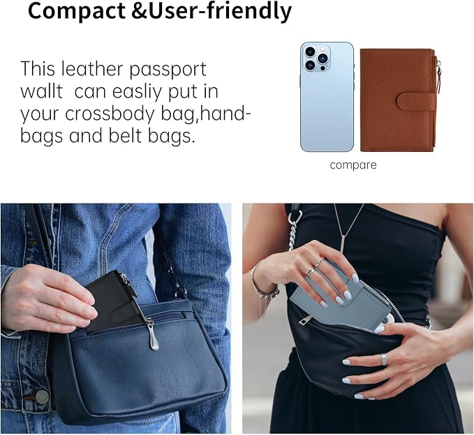 Passport wallet and Card Slot Combo RFID Blocking Leather Travel Passport Wallet for Men and Women with Zippered Coins Pocket Passport holder, CaramelBrown