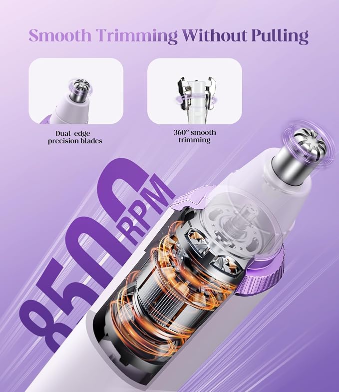 Nose Hair Trimmer for Women, 3-in-1 Painless & Gentle Trimmer for Nose, Eyebrows & Facial Hair, Type-C Rechargeable Precision Groomer with Double-Edged Blades, IPX7 Waterproof - Purple