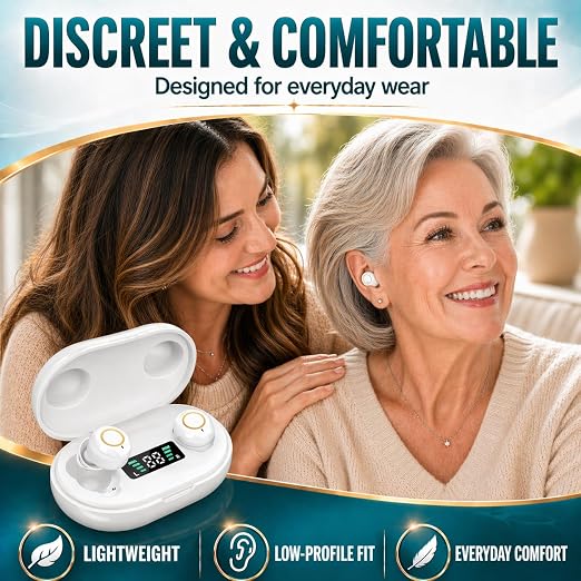Hearing Amplifier Rechargeable for Seniors Adults - Personal Sound Amplifier Device with Charging Case, Noise Reduction for TV Watching Conversations, Easy Volume Control, Comfortable In-Ear PSAP (White)