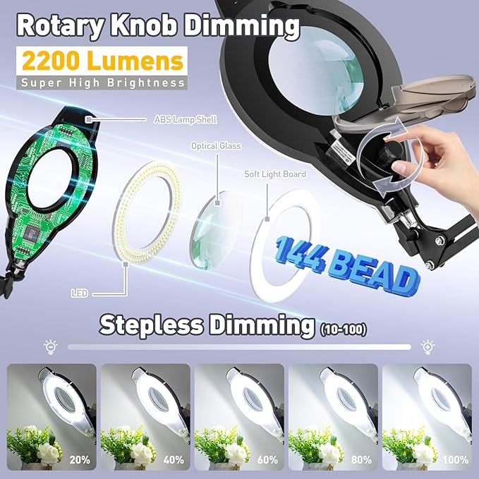 10X Lighted Magnifying Glass with Light, NUEYiO 2200 Lumen Stepless Dimmable Magnifying Floor Lamp, 2-In-1 Adjustable Metal Swing Arm LED Magnifier Lamp, Esthetician Light for Tattoo Reading Soldering