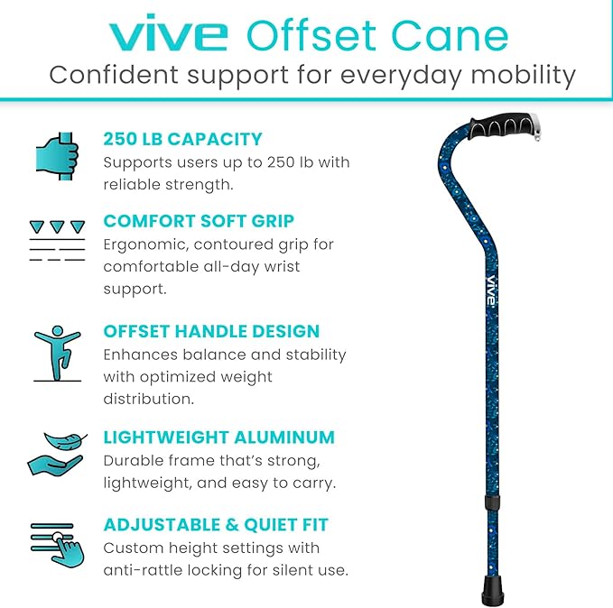 Vive Walking Cane for Women, Men, Elderly - Patented Offset Grip - Lightweight Adjustable Walking Aid with a Non-Slip Tip - Sturdy Balancing Mobility Aid for Seniors