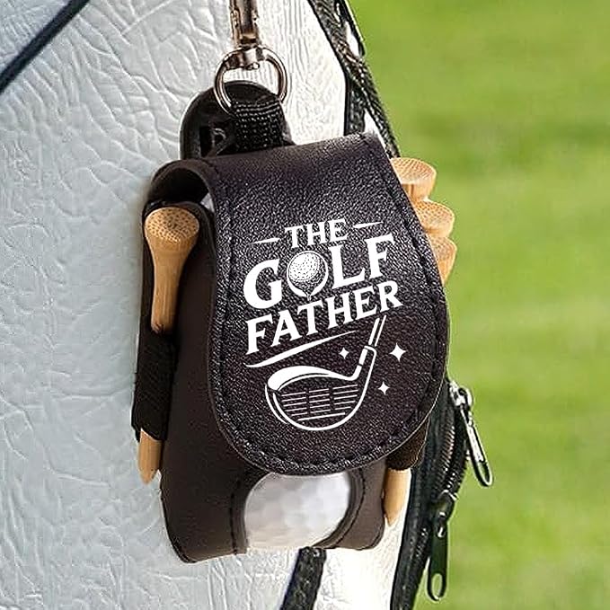 Wrappiness The Golf Father Golf Ball Bag - Golfer Accessories for Men Premium Leather Holder with Clip - Custom Golf Tee Pouch Unique Gift for Dad