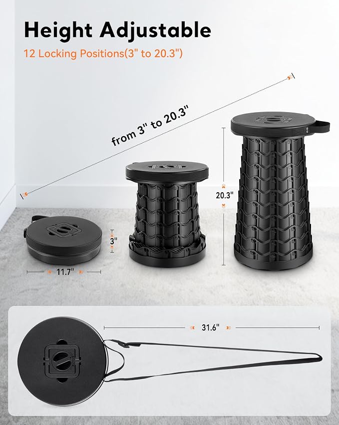 Portable Heavy Duty Collapsible Stool - Adjustable Stool for Camping | Wide Seat, 20.3'' Extra Tall, 1000 LBs Load Capacity, Retractable, Folding Chair for Fishing, Hunting & Outdoor