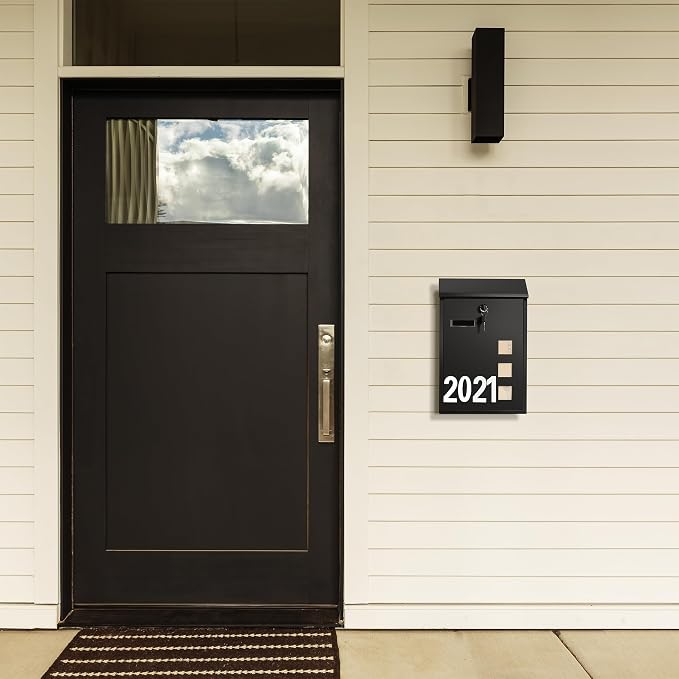 LAND·VOI Wall Mounted Mailbox with 4 Keys, Post Box for Wall and Fence, Viewing Windows, Nameplate, 3.94 x 9.8 x 15.6 Inches, Large Capacity, Includes Mailbox Numbers, Matt Black, AMB31B