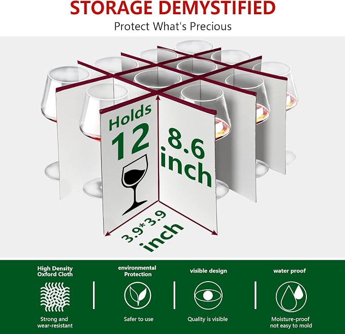 Christmas Stemware Storage Cases with Dividers- Holds 24 Wine Glass Storage or Crystal Glassware Containers, China Storage Containers with 2 Handles and Lable Window -Set of 2 Black