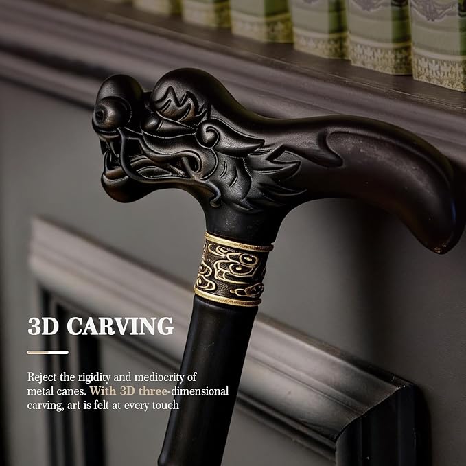 Wooden Walking Cane, 3D Dragon Engraved Cane Support up to 400 lb, Canes for Seniors Men Women of Different Heights