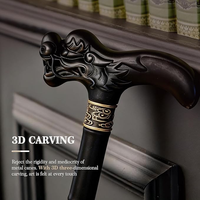 Wooden Walking Cane, 3D Dragon Engraved Cane Support up to 400 lb, Canes for Seniors Men Women of Different Heights