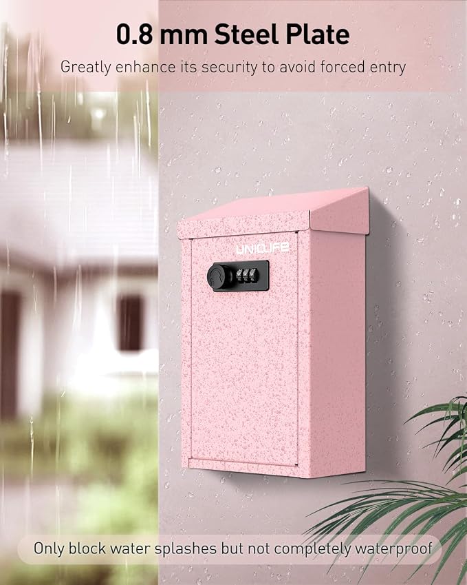 Uniclife Cash Box with Combination Lock, Wall Mounted Mailbox for Outside | Pink Code Lock Box, Metal Donation Box with Top Slot, Suggestion Box for Office and Business