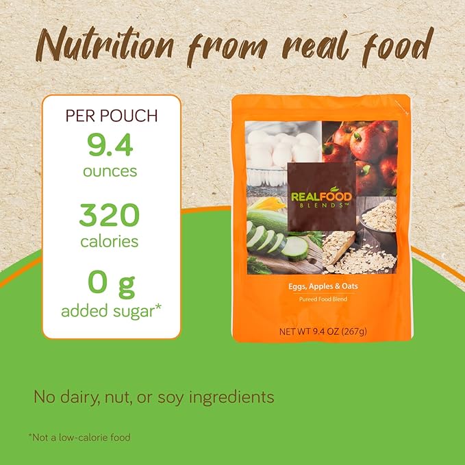 Real Food Blends Eggs, Apples & Oats - Pureed Food Meals for Tube Feeding with Protein, Vegetables & Fruits - 320 Calories for Breakfast, Lunch & Dinner - 9.4 oz (Pack of 12)