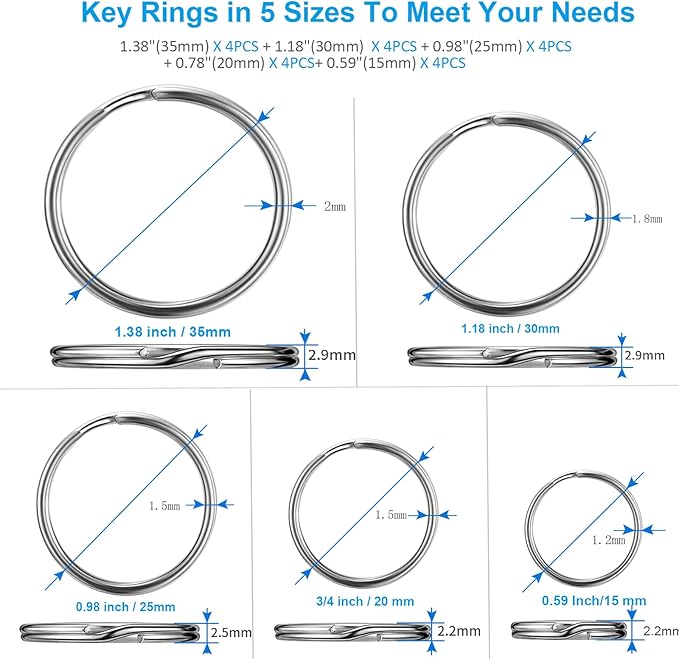YHYZ Split Key ring Assorted, 5 Sizes (1/2 inch, 3/4 inch,1 inch, 1.25 inch, 1.38 inch), for Dog Pet Collar DIY Tag Jewelry