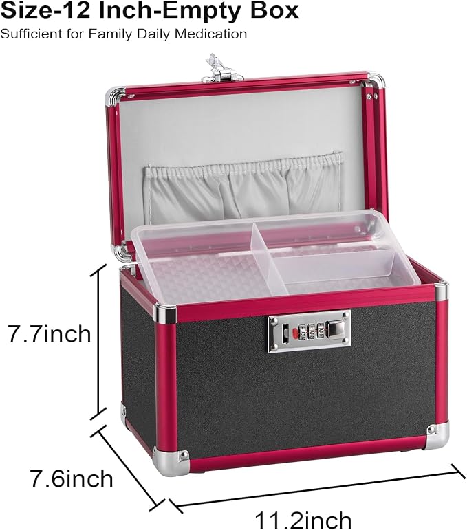 Medicine Lock Box with Combination Lock - 12" Hard Case First Aid Safe Medication Storage with Removable Tray & Pockets for Pills, Home, Car & Outdoor - Black Red
