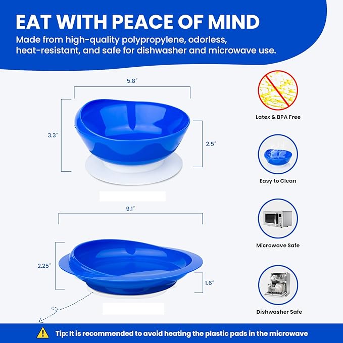 Spill Proof Scoop Plate and Bowl with Non-Skid Suction Base, Adaptive Self-Feeding Dinnerware for Elderly and Disabled