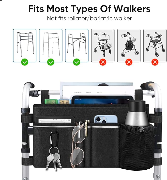 FINPAC Large Walker Tote Bag with Cup Holder, Folding Walker Attachment Hands-Free Storage Basket Mobility Aid Accessory Pouch for Elderly, Senior, Black