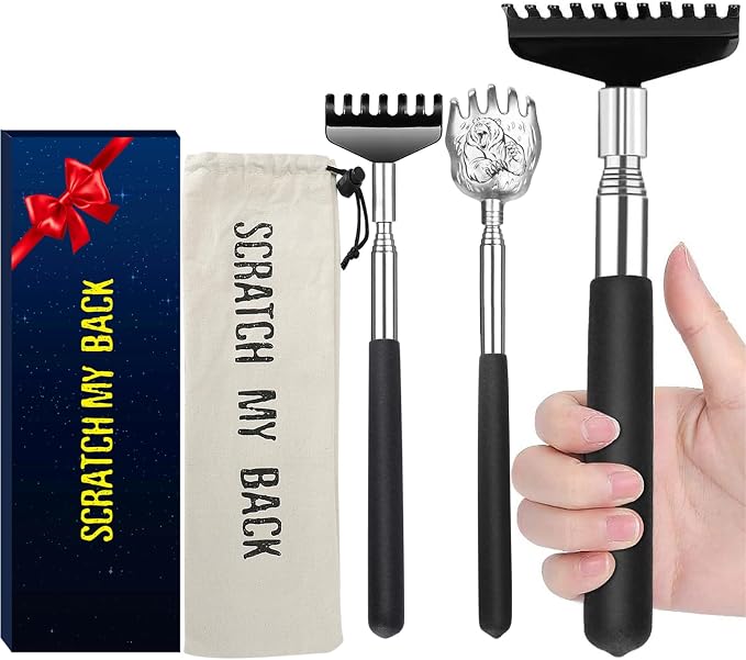 Oversized Back Scratcher Gift Set, 3 Pack Portable Extendable Stainless Steel Telescoping Massage Tool, Gift/Stocking Stuffers for Men Women