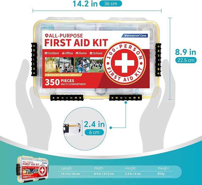 Prelady-350 Pieces All-Purpose 100-Person Emergency First Aid Kit – Waterproof Plastic Case | Clearly Organized for Fast Retrieval | Perfect for Home, Business, Workplace, Boat, Travel, Outdoor & Car