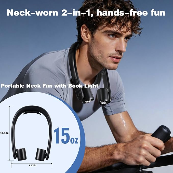 VAVOFO Portable Neck Fan with Book Light, Hands Free Wearable Cooling Fan | 6000mAh Rechargeable, 3 Speeds, 250° Adjustable, Ideal Gift for Reading, Travel, Office, Hiking, Fishing & Sports