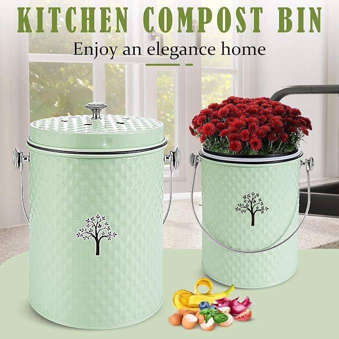 Countertop Compost Bin, Odor-Free Food Waste Container with 50 Bags | 1 Gallon Container,2 Carbon Filters,Compost Bucket, coffee grounds