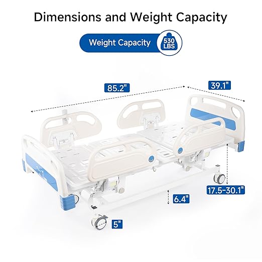 Hospital Bed Electric 5 Function with Trendelenburg & Reverse Trendelenburg, 5" Lockable Casters for Home Hospital Use, 530LBS Loading, with IV Pole, Mattress, Includes Sheets (2X)