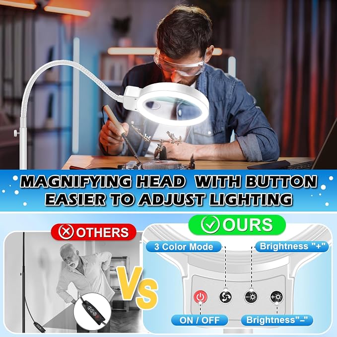 30X 10X Large Floor Magnifying Glass with Light and Stand | 2-in-1 Flexible Gooseneck Floor Magnifying Lamp,72 LED Lights, 3 Color Modes, Close Work,Sewing,Crafts,Hobbies