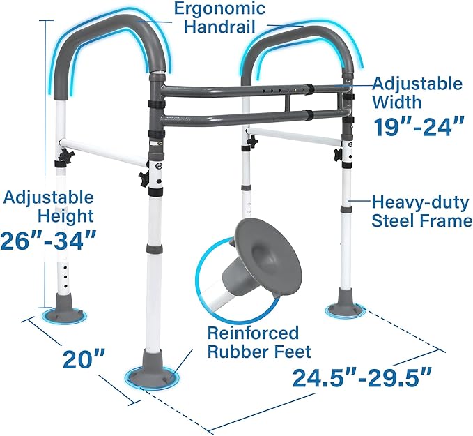 Vaunn Medical Deluxe Adjustable and Foldable Toilet Safety Frame, Bathroom Handrail Assist Grab Bar Handle (White, Adjustable Width and Height)