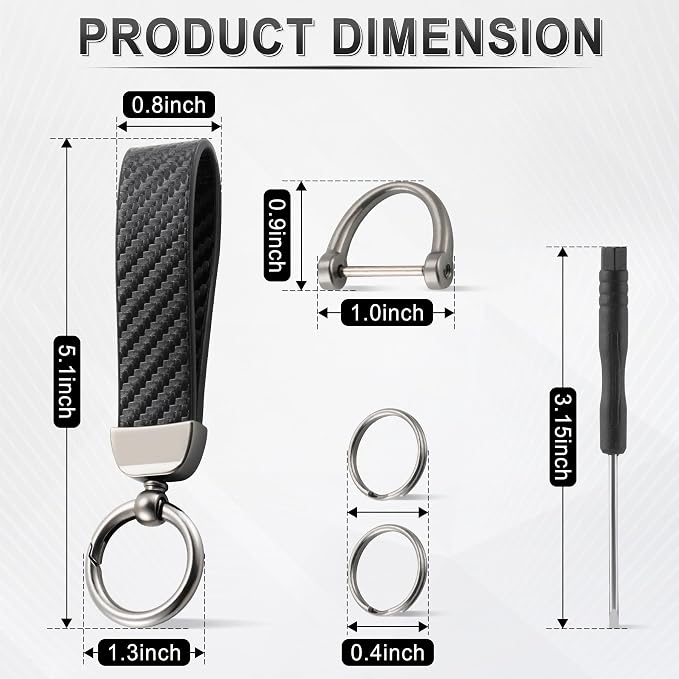 JUSTTOP Leather Keychain, Carbon Fiber Car Key Chain with Anti-Lost D-Ring and 2 Key Ring, Keychain Wristlet, Car Accessories, Universal Keychain for Men and Women (Black)