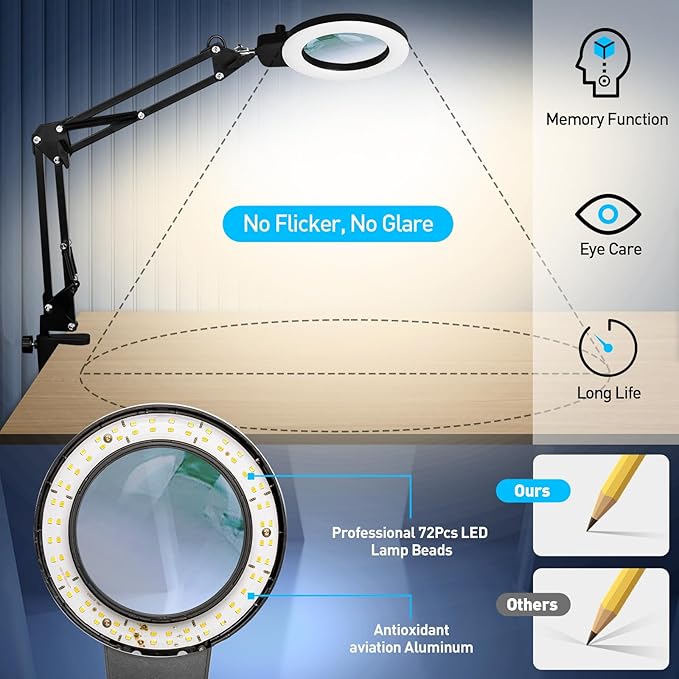 KIRKAS 12X Magnifying Glass with Light, Any Color Modes & Stepless Dimming LED Magnifying Lamp with Clamp, Hands Free Lighted Magnifier Glass Lens for Crafts Hobby Reading Painting Close Work