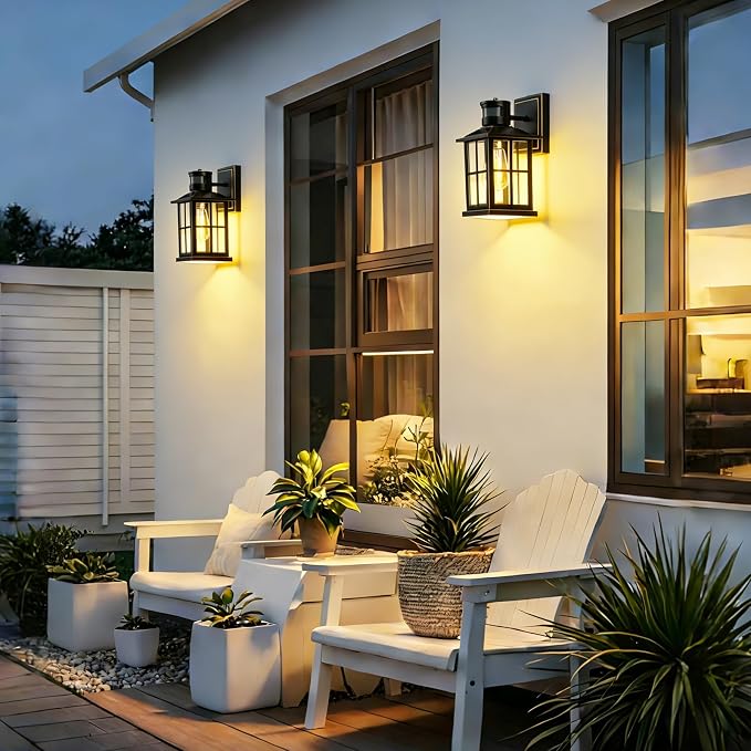 2 Pack Outdoor Motion Sensor Porch Light, Black Exterior Wall Lantern Lighting Fixtures,Dusk to Dawn Outdoor Wall Lights, Waterproof Front Porch Light Outside for Garage, Patio,House.