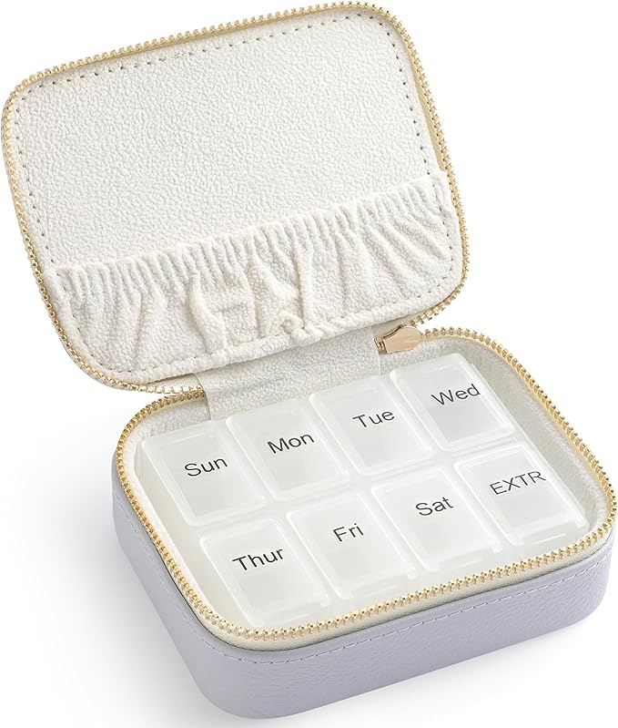 Genuine Leather Travel Pill Organizer Box Case 1 Times a Day for Purse for Women, Cute Medicine Pill Holder Containers for Vitamin Small Weekly Daily 7 Day Am Pm Pill Organizer(Purple)
