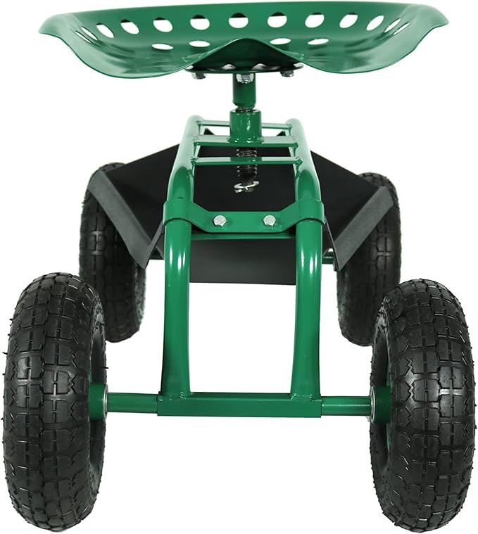 Sunnydaze Rolling Garden Cart with Swivel Seat and Storage, Green | Steel Rolling Gardening Seat with Utility Tray, and Basket for Storage, Rotating, Swiveling Motion