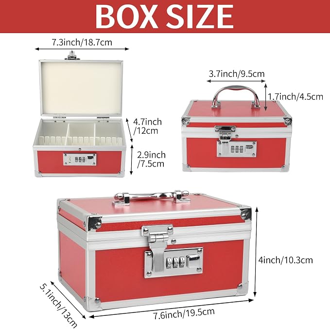 Medication Lock Box Aluminium Alloy Combination Lock for Home and Travel Medicine Lock Box,First Aid Safe Medication Storage Box,7.66''x 5.12''x 4.13'' (Red)